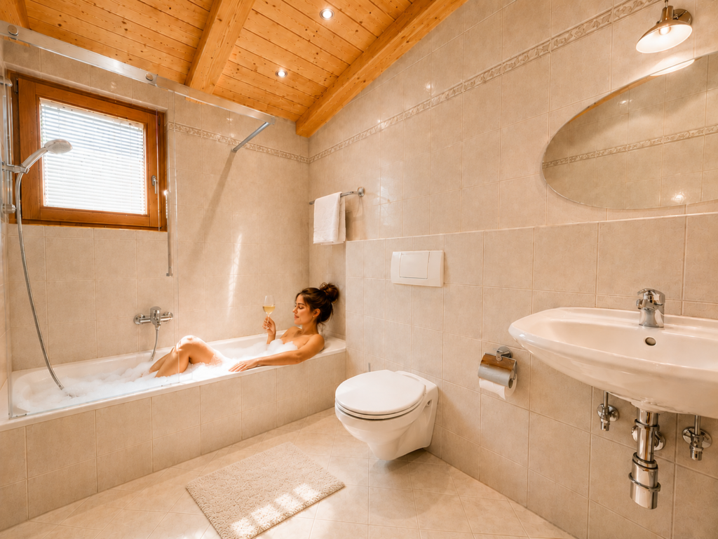 Luxuriöses Badezimmer mit Holzdecke, Badewanne und Frau beim Entspannen mit Champagner - Apartment im Ausszeit Apartmenthaus