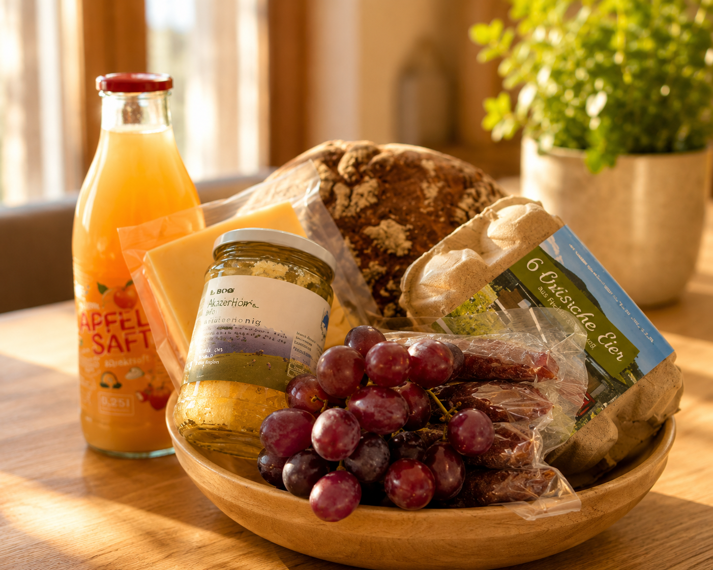 img 0036 Willkommenskorb mit Käse, Trauben, Brot und Apfelsaft in einem gemütlichen Apartment