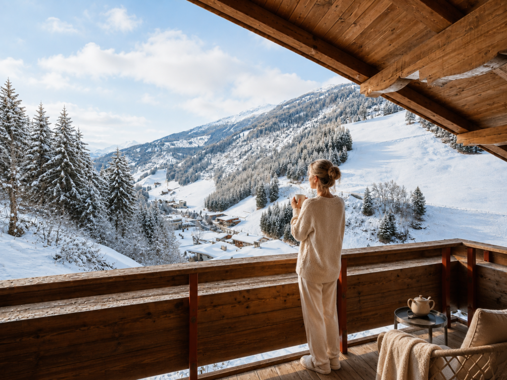 Frau in Winterkleidung auf einer Holzterrasse mit Blick auf schneebedeckte Berglandschaft und Apartmenthaus im alpinen Tal