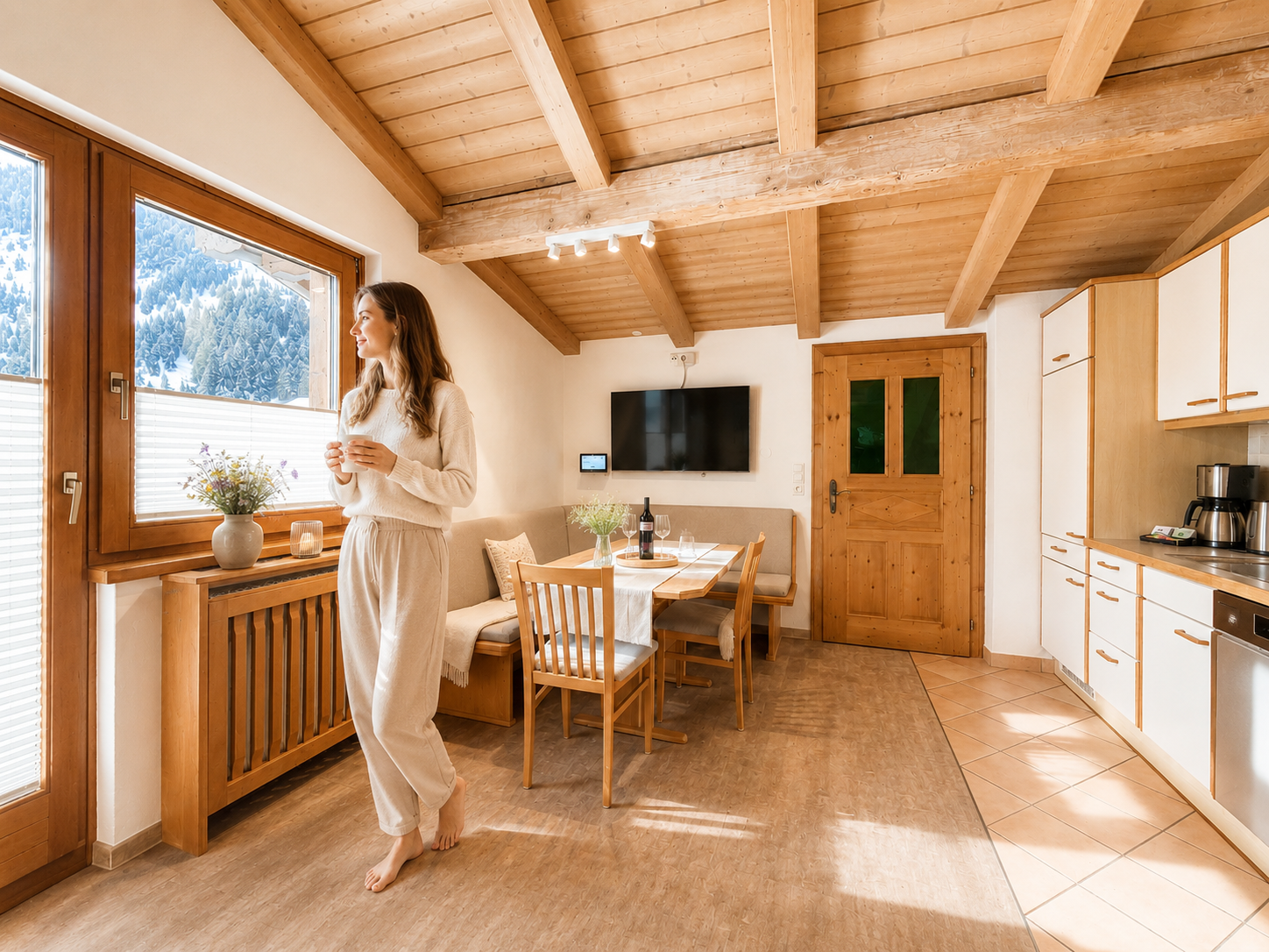 Schneebedecktes Alpental mit traditionellen Chalets und verschneiten Berghängen, Blick aus einem Apartment-Fenster auf das Dorf und die umliegenden Berge